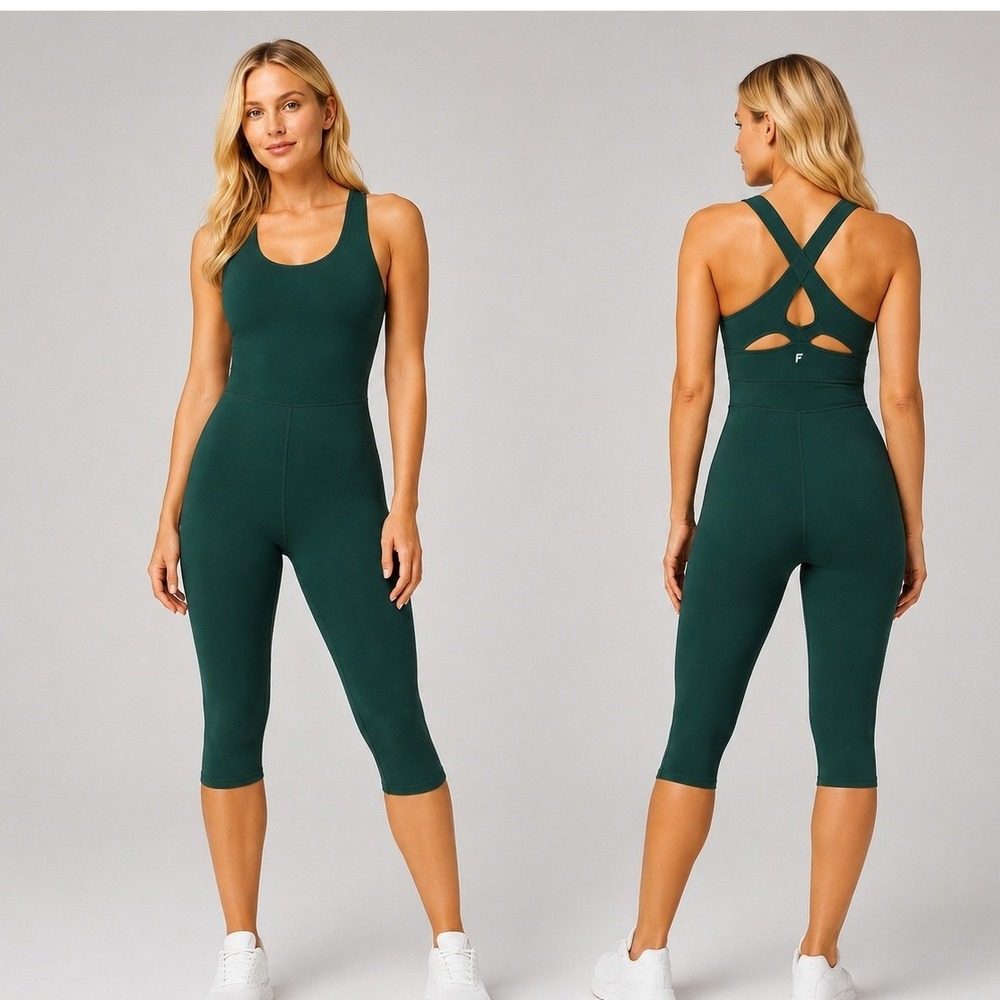 Fabletics Deep Sea Green Define Capri Jumpsuit S PowerHold Cross Back Yoga NEW